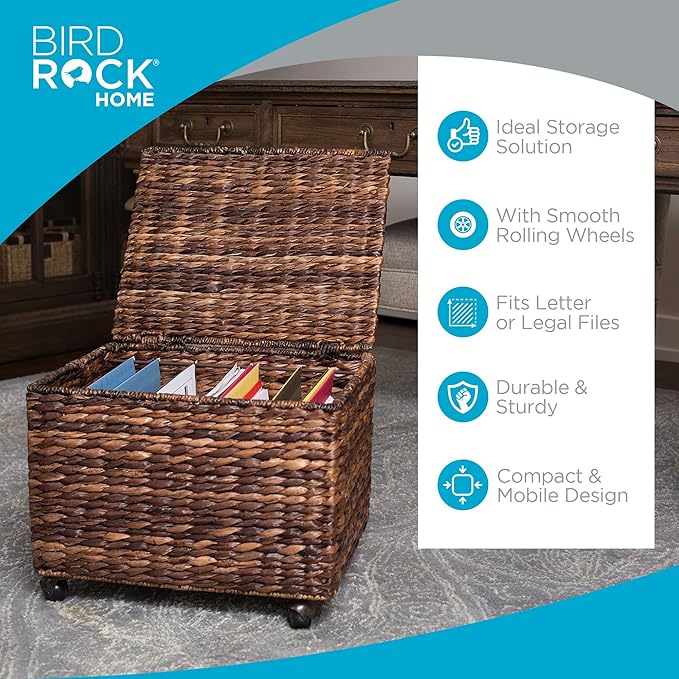 BIRDROCK HOME Seagrass Rolling File Cabinet - Storage Organizer Box with Lid - Home Office Decor - Decorative Organize - Letter Legal Hanging Filing Container - Strong Durable Toy Pillow - Espresso