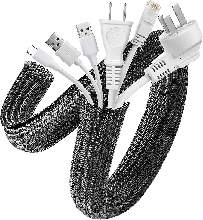 AGPTEK Cable Sleeve Cover, 20ft - 1.2 inch Desk Cord Organizer Cable Hider, Home Office Wire Management Computer TV Wire Loom Tubing, Pet Proof Cord Protector, from Cat Dog Chewing, Black