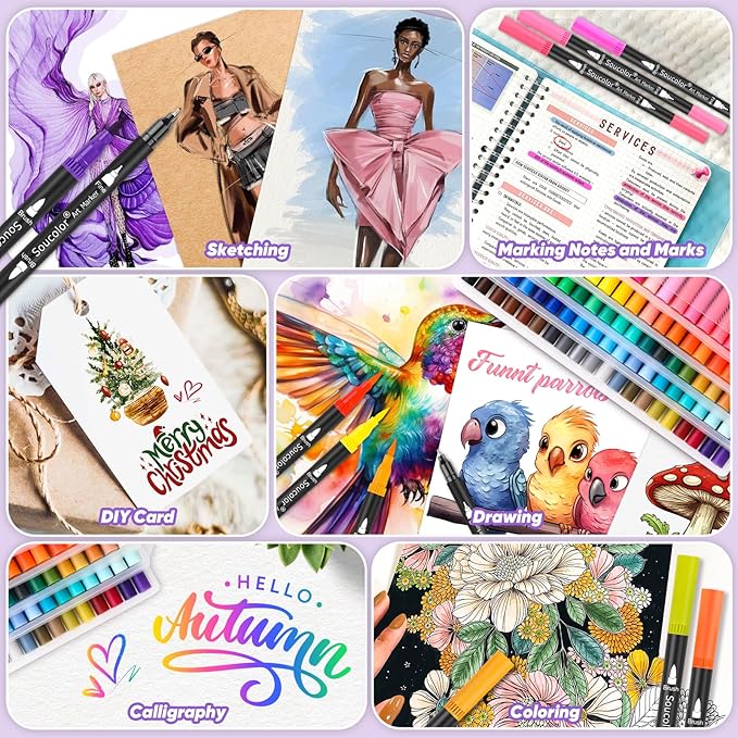 Soucolor Gifts for Women, Gift Baskets for Women Adult, 150 Colors Dual Tip Brush Markers for DIY Journal Kit Coloring Drawing Sketching, Sister Gifts Sets Box for Kids Teens Girls Gift