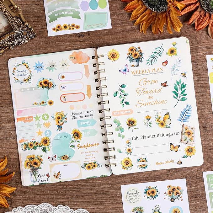Aesthetic Sunflower Planner Sticker Book 25 Sheets with 600+ Decorative Stickers for Journaling, Scrapbooking, Bullet Journal, Happy Planner, DIY Stationery Supplies Gifts for Women Girls Teens Kids