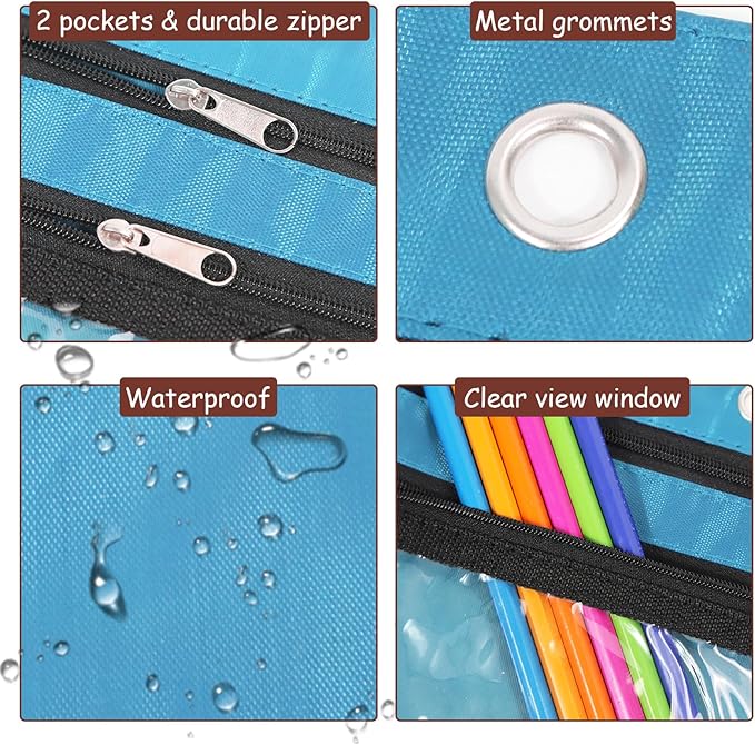 YoeeJob 1 Pack Pencil Pouch for 3 Ring Binder, Expandable Binder Pouches with Zipper, Large Capacity Pen Holder Case with Clear Window School Class Office Organizers, Sky Blue