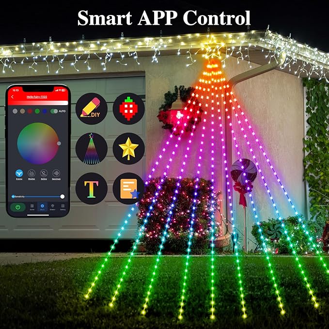 16.4 FT Christmas Decorations Outdoor Star String Lights,Smart APP Remote Control RGB Color Changing DIY 317 LED Waterfall Lights for Garden Yard Outdoor Xmas Decorations