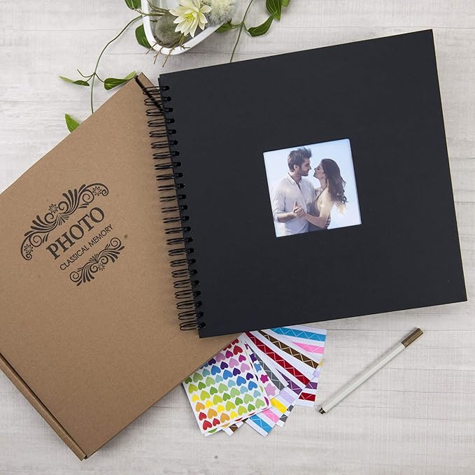 12 x 12 Inch Large DIY Scrapbook Photo Album with Window Design Cover 80 Pages Craft Paper Memory Book for Weeding Anniversary Travel and Baby (Black)