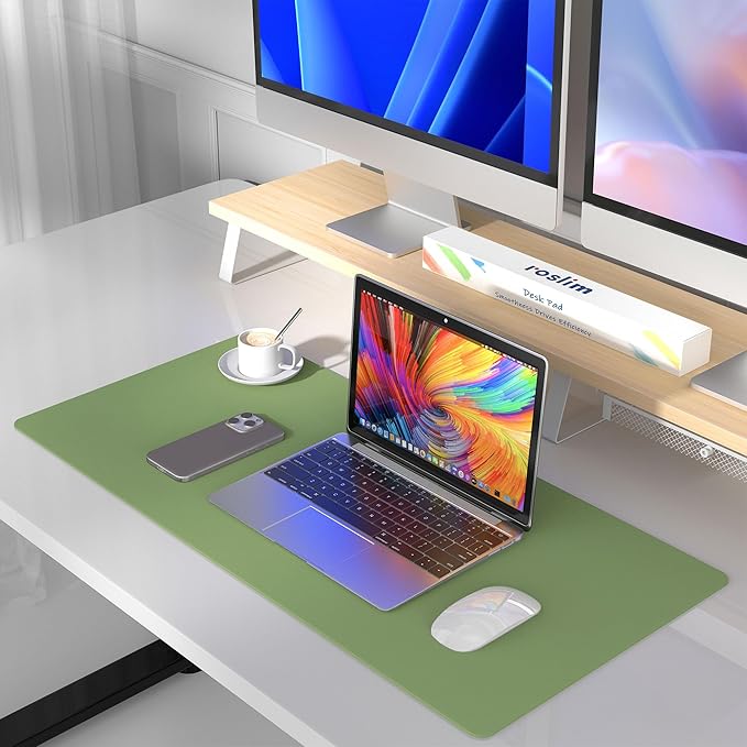 Leather Desk Pad Protector, Mouse Pad, Non-Slip Computer Mat for Desk, PU Leather Office Desk Mat for Home & Office, Waterproof Laptop Desk Blotter for Keyboard and Mouse, Olive Green (15.7''X31.5'')