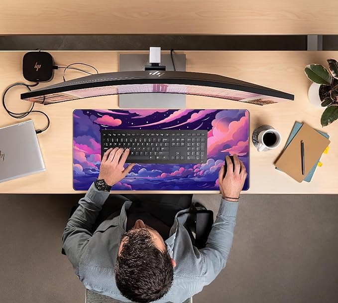 Pastel Pink Purple Clouds Moon Mouse pad Desk Mat, Cute Space Deskmat XXL Large Extended Mousepad Gaming Desk Pad, Big Laptop Computer Keyboard and Mouse Pad Mat for Women Office Decor 31.5x15.7 in