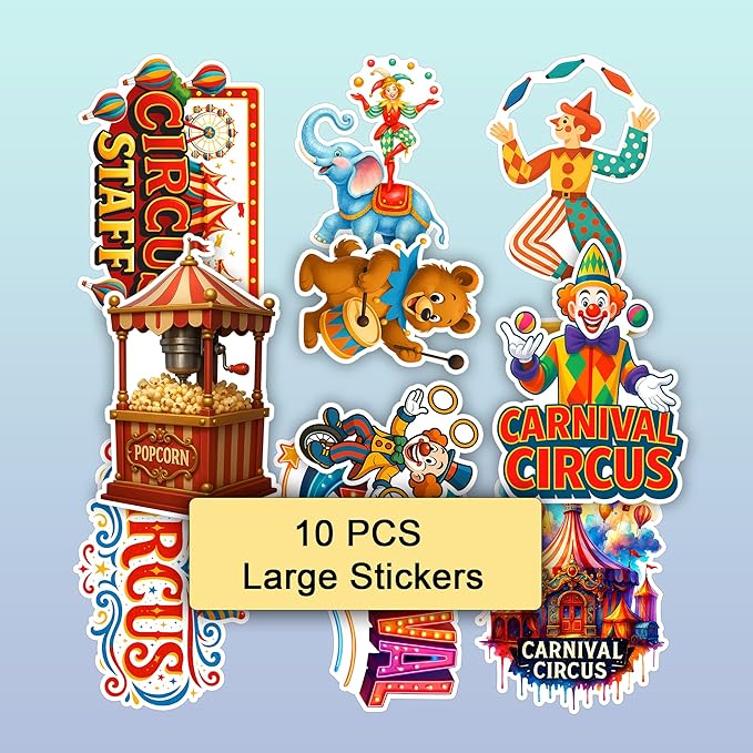 100 PCS Carnival Circus Stickers Pack, Vinyl Waterproof Decals of Clowns Popcorn Ferris Wheel Elephants, Fun Gift for Kids Teens Boys Girls Birthday Laptop Bottle Scrapbook
