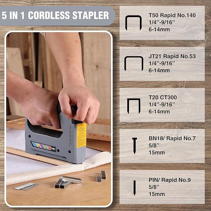 WORKPRO 5 in 1 Cordless Staple Gun, 3.6V Rechargeable Electric Stapler with 2000 Staples and Nails, Upholstery Staple Gun for Wood, Furniture, Office, and DIY Projects