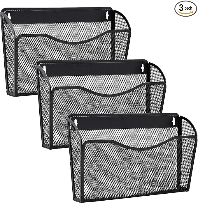 3 Pack Wall File Organizer, Mesh Hanging Metal Vertical Wall Mounted File Holder for Office/Home