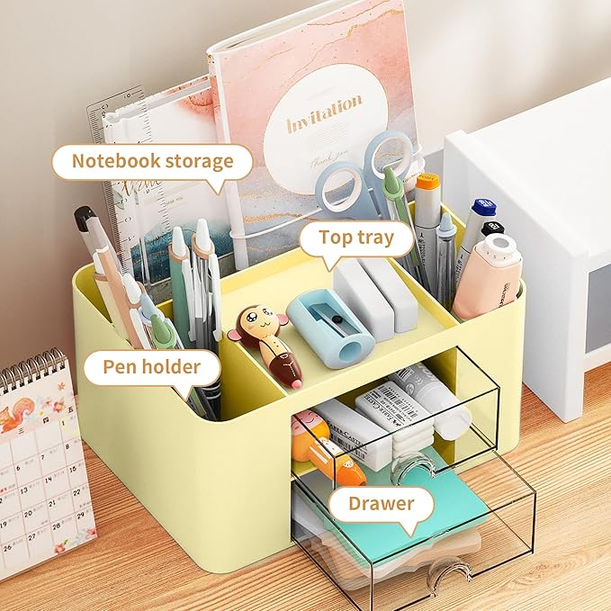 Marbrasse Pen Organizer with 2 Drawer, Multi-Functional Pencil Holder for Desk, Desk Organizers and Accessories with 5 Compartments + Drawer for Office Art Supplies (Yellow)