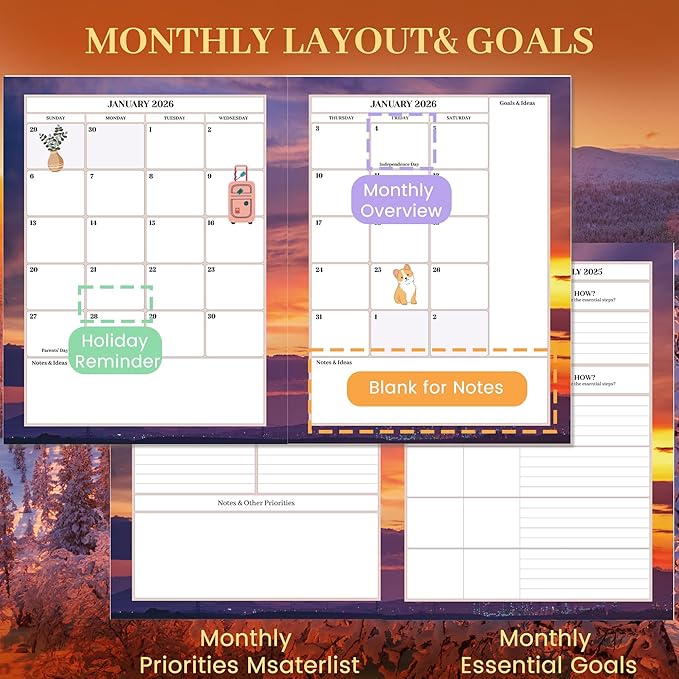 CAGIE 2026 planner Weekly and Monthly Jan 2026-Dec 2026 Hardcover Hourly Daily Planners for Women 26 Calendar Planner with Stickers Spiral Bound Yearly Agenda, 8.5 x 11