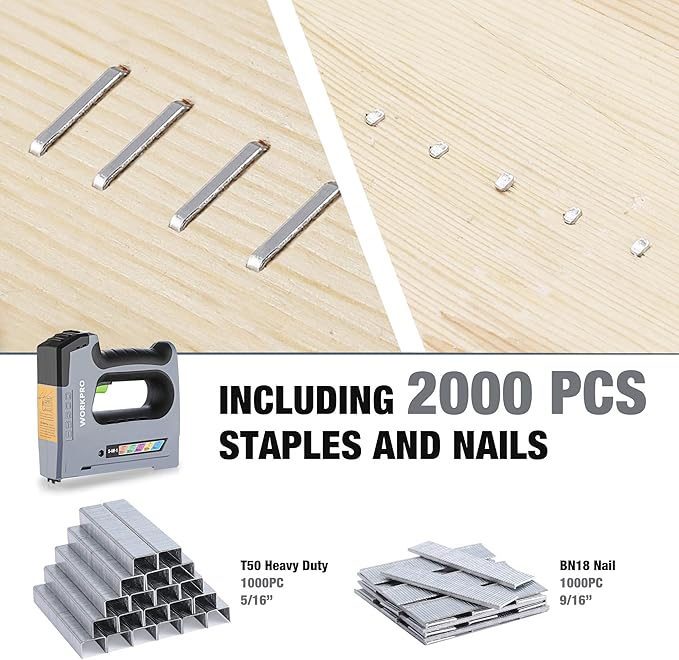 WORKPRO 5 in 1 Cordless Staple Gun, 3.6V Rechargeable Electric Stapler with 2000 Staples and Nails, Upholstery Staple Gun for Wood, Furniture, Office, and DIY Projects