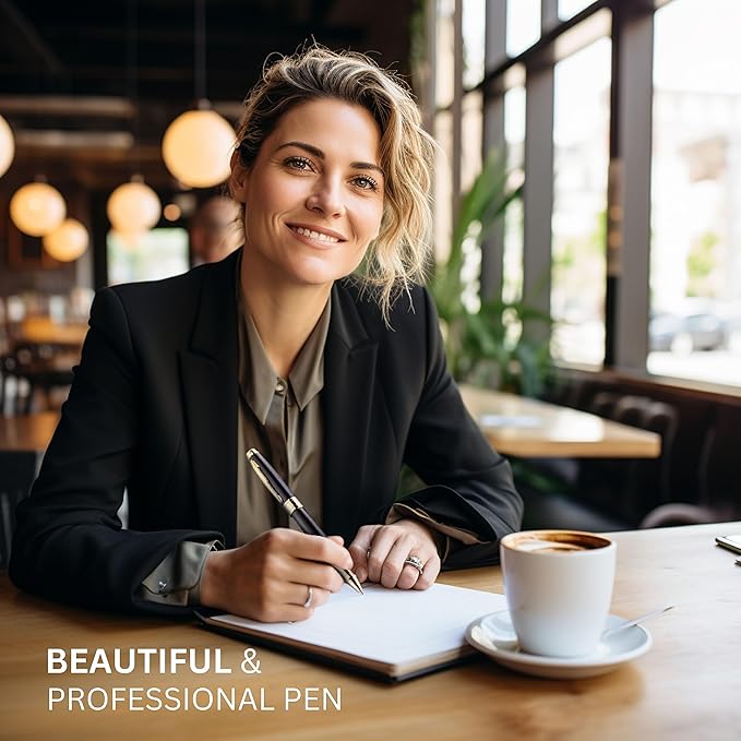 ZenZoi Luxury Pen For Men & Women W/Fine Tip Rollerball – Elegant Matte Black Executive Pen Gift Set W/Gold Trim, Quality Black Matte