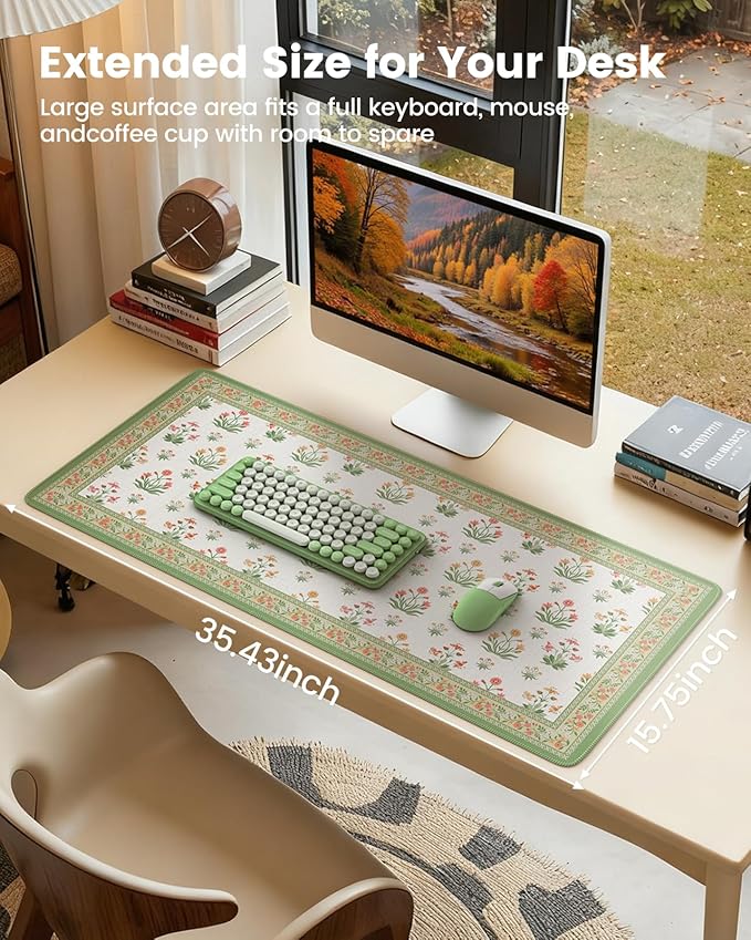 iCasso Desk Cover Mat, Extra Large Floral Mouse Pad, Desk Pad Mat,Office Matt for Desktop Protector, Anti-Slip XXL Big Mousepad with Stitched Edges for Laptop Computer Keyboard(White)