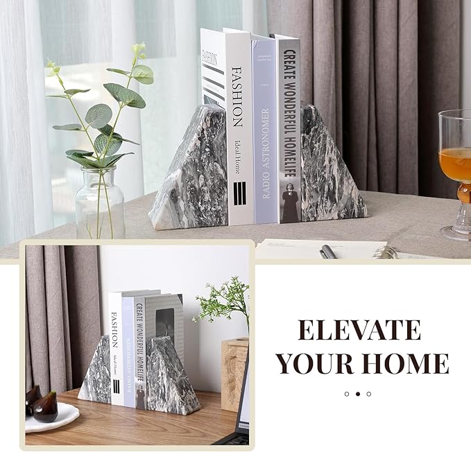 Koville Marble Bookends for Shelves, Large Bookends for Heavy Books, Natural Stone Book Stopper for Books CD Movies, Aesthetic Decorative Book Ends (Grey)