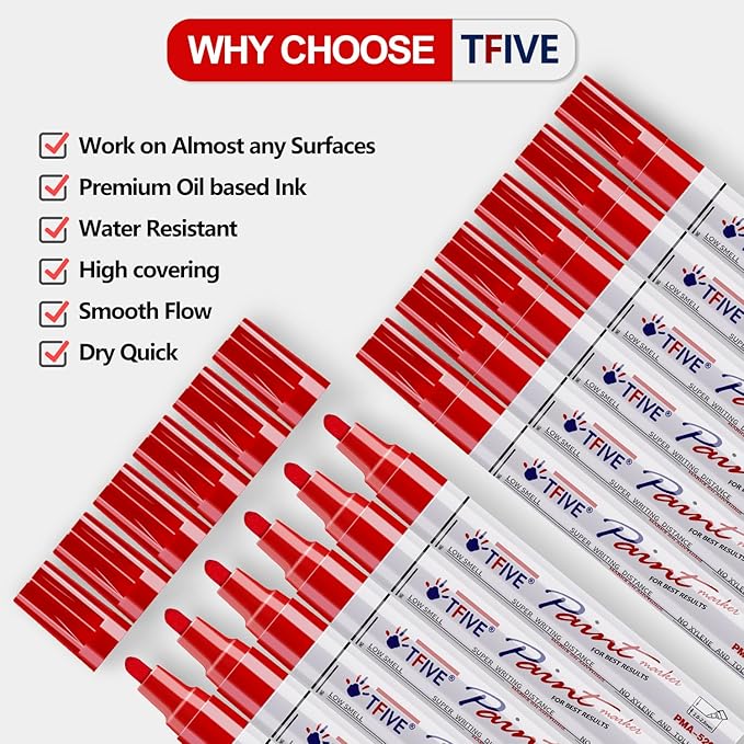 TFIVE Red Paint Pens Markers - 12 Pack Oil Based Permanent Marker, Medium Tip, Never Fade, Quick Dry, Waterproof Paint Pen for Rocks Painting, Wood, Fabric, Plastic, Canvas, Glass, Metal