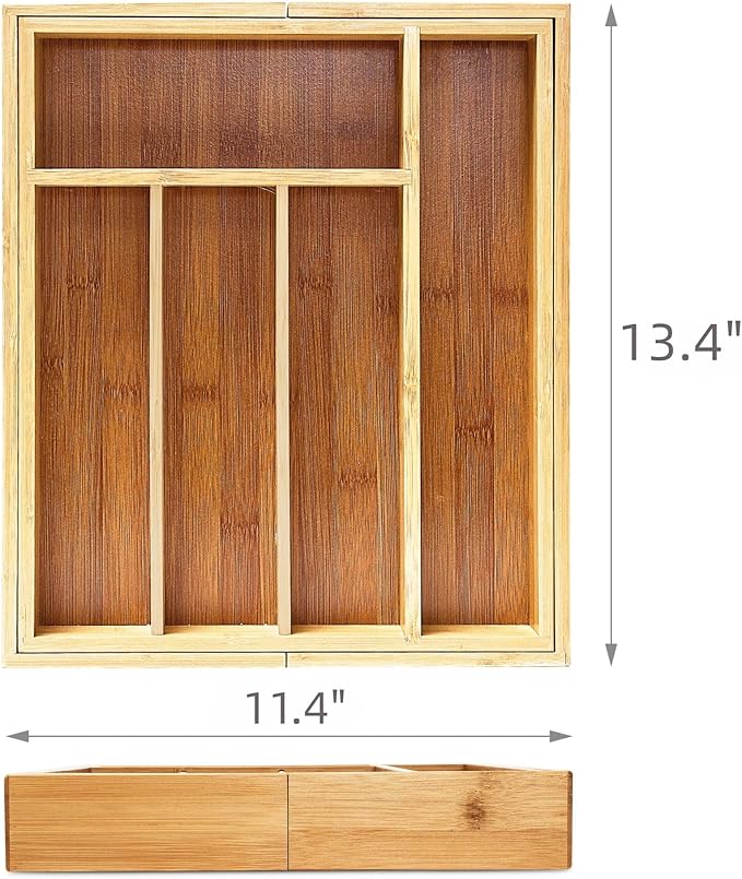 Bamboo Drawer Organizer - Expandable Kitchen Utensil Holder, Adjustable Silverware Drawer Organization, Kitchen Wooden Tray for Cutlery, Flatware & Stationery, 5-7 Slots (Natural)