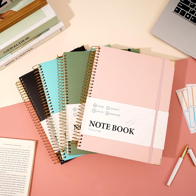 Pink Spiral Notebook College Ruled 8.5 X 11 with Tab Stickers Large Hardcover Notebooks for School Supplies A4 Note Book Journal Notebooks for Work Note Taking Office Women Men Writing, 200 Pages