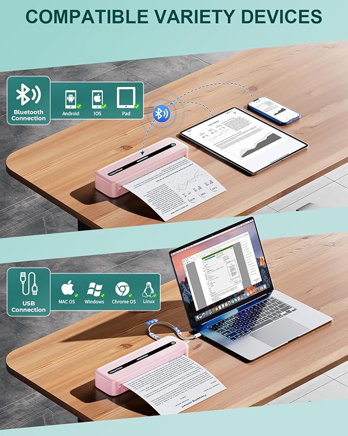 COLORWING Portable Printers Wireless for Travel, 300DPI Mini Compact Inkless Printer, Thermal Bluetooth Printer Compatible with Android and iOS Smartphone & Tablet & Laptop - Pink