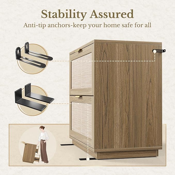 2 Drawer Rattan File Cabinet, 32'' Lateral File Cabinet for Legal/Letter/A4/F4 Size Hanging Files, Wood File Storage for Home Office, Natural Oak