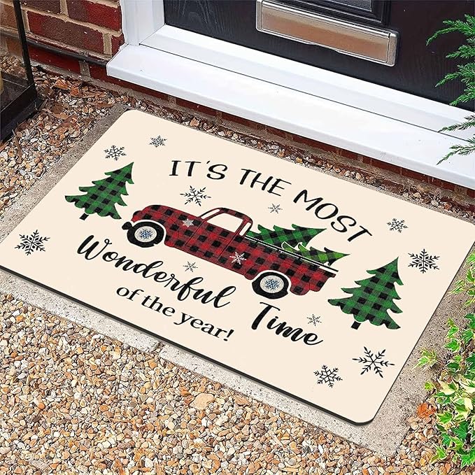Merry Christmas Buffalo Plaid Truck Doormat Welcome Tree Mat Non Slip Holiday Xmas Front Door Mat for Entrance Indoor Home Bathroom Floor Decoration, 18" x 30"Inch