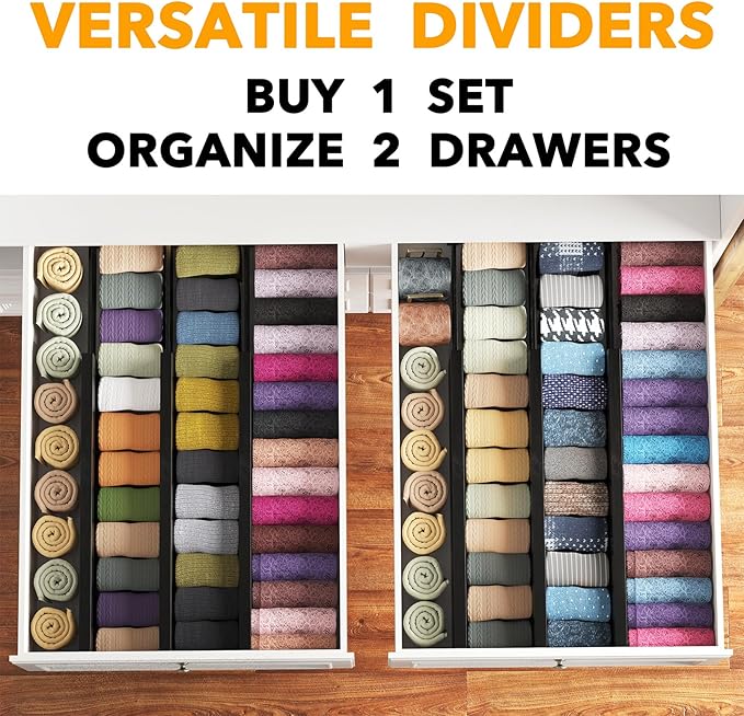SpaceAid Bamboo Dresser Drawer Dividers 6 Pack, 4.65“ High Adjustable 17“-22” Drawer Organizers, Expandable Organization for Clothing, Clothes, Dressers, Black