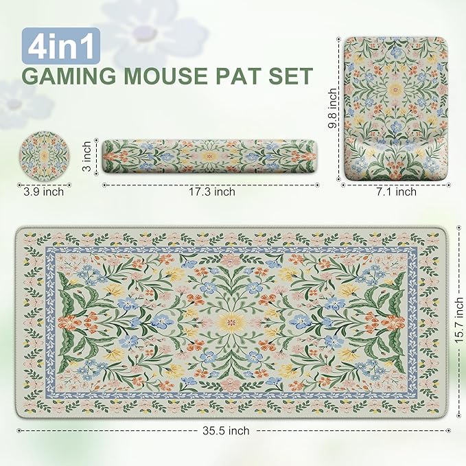 iCasso Mouse Pad with Wrist Rest,Large Desk Mat Set,Ergonomic Keyboard Pad with Wrist Support,Non-Slip Mouse Mat for Women,Cute Floral Computer Mat for Home Office Gaming (Green Floral)