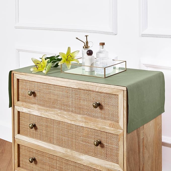 Solino Home Linen Oil Green Table Runner 72 Inches Long - 100% Pure Linen 14 x 72 Inch Table Runner for Fall, Autumn, Thanksgiving - Fete