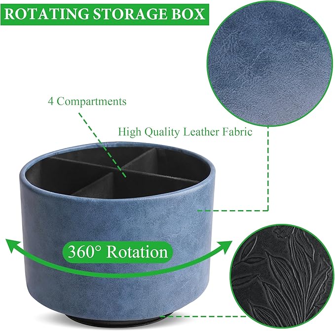 Hennaja Round Leather Art Supply Organizer,Remote Control Holder,360 Degree Spinning,Multi-Functional Pencil Holder,4 Compartments Desktop Stationary Organizer(1-Oil Blue)
