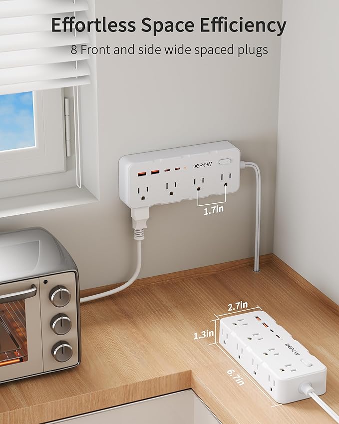2 Prong Power Strip, 2 to 3 Prong Outlet Adapter with 8 AC & 4 USB Ports (2 USB C), 5FT Extension Cord, 1700J Two Prong Surge Protector, Wall Mountable, Ideal for Old House Non-Grounded Outlets