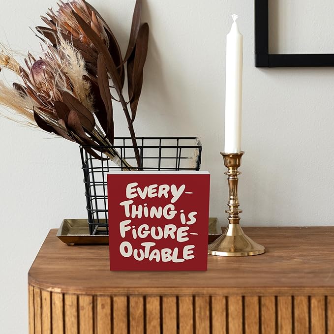 Inspirational Red Office Decor, Every Thing is Figure Outable Motivational Office Accessories Wooden Box Sign, Inspirational Gifts for Women, Men Wall Desk Shelf Tabletop Decoration 5x5In