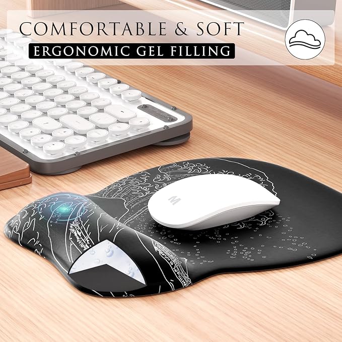 MROCO Ergonomic Mouse Pad with Gel Wrist Rest, Comfortable Mousepad with Smooth Wrist Support Surface and Non-Slip PU Base for Pain Relief, Computer, Laptop, Office & Home, 9.4 x 8.1 in, Kanagawa Wave