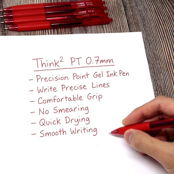 THINK2MASTER [24 Pens - Red Ink Think2 0.7mm Precision Tip Gel Pens. (24 Red) Fine Point Small Rollerball Pens with Smooth Quick Drying Ink.