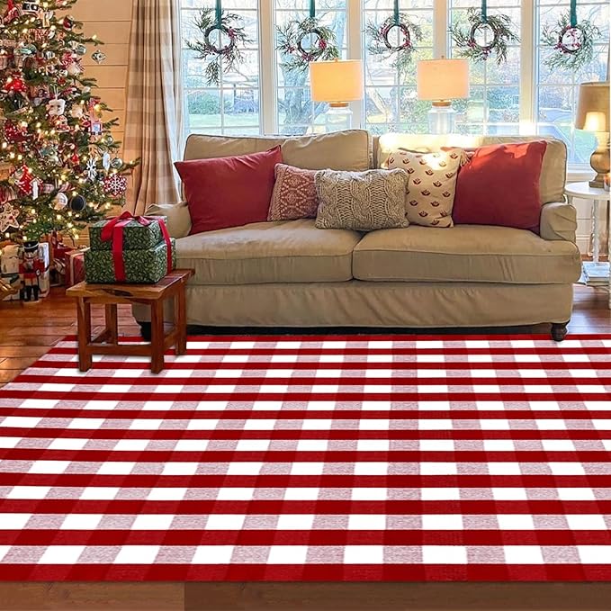 Christmas Red and White Plaid Rug 8x10 ft, Extra Large Cotton Hand-Woven Buffalo Check Area Rug for Living Room, Bedroom, Patio, Christmas Holiday Farmhouse Decor, Washable Outdoor Indoor Carpet