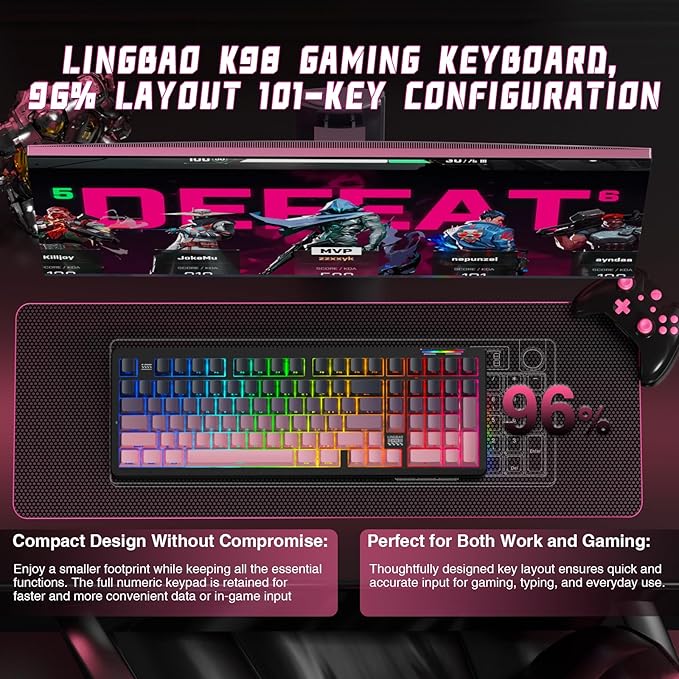 LINGBAO K98 Wireless Mechanical Gaming Keyboard, 10000mAh Battery Tri-Mode BT5.0/2.4GHz/USB-C, Gasket Custom Hot-Swappable Linear Switches Mechanical Keyboards, RGB Backlit Keyboard for PC Laptop