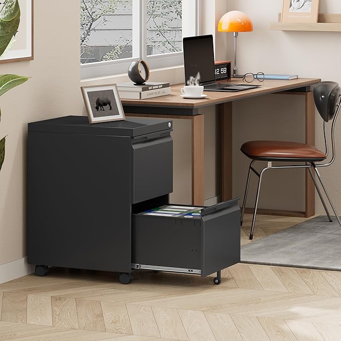 2 Drawer Mobile File Cabinet with Lock,Under Desk Metal Filing Cabinets with Wheels for Home Office Organizer Letters/Legal/A4(Easy Assemble-Black)