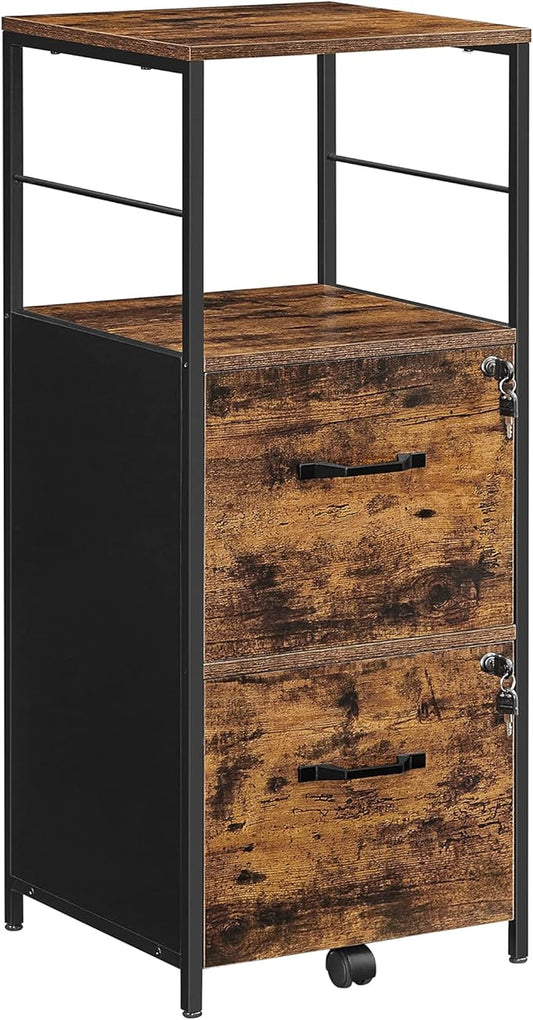 VASAGLE File Cabinet for Home Office, 2-Drawer Filing Cabinet with Lock, Open Shelf, Printer Stand, for A4 and Letter Sized Files, Adjustable Feet, Industrial, Rustic Brown and Ink Black UOFC045B01