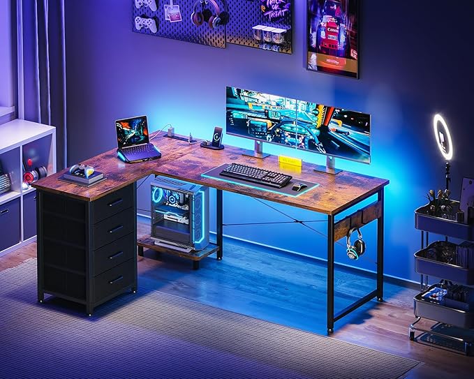Casaottima L Shaped Desk with 4 Tier Drawers, 53" Gaming Desk with Power Outlets & USB, Reversible L-Shaped Computer Desk with CPU Stand, Home Office Corner Desk with Storage, Easy Assemble, Vintage
