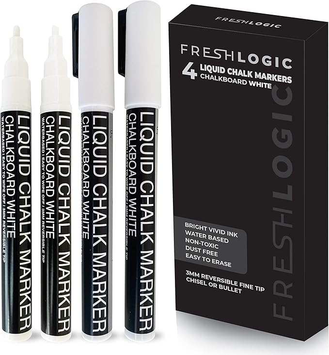 Liquid Chalk Markers - 4 White Fine Tip Chalk Pens, Erasable, Non-Toxic, Water-Based, Kids & Adults - White Chalk Markers for Blackboard, Glass, Chalkboard Paint for Businesses, Restaurants
