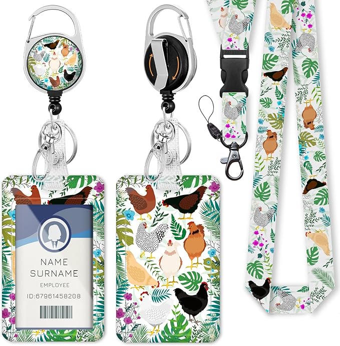 Gctriki ID Badge Holder with Lanyard, Cute Flower Chickens Lanyard for Keys, Funny Retractable Badge Reel Clip, Teacher Lanyards for ID Badges Holder, Nurse Teacher Workers Women Office Gifts