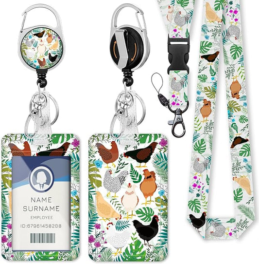 Gctriki ID Badge Holder with Lanyard, Cute Flower Chickens Lanyard for Keys, Funny Retractable Badge Reel Clip, Teacher Lanyards for ID Badges Holder, Nurse Teacher Workers Women Office Gifts