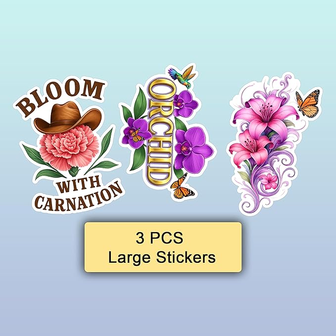 109 PCS Orchid Lily Carnation Stickers Pack, Floral Vinyl Waterproof Decals of Elegant Orchids Pure Lilies Colorful Carnations, Gift for Kids Teens Adults Scrapbook Wall Water Bottle Car