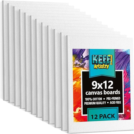KEFF 12-Pack Bulk Canvas Boards, 9x12 Canvas for Acrylic, Oil, Watercolor, Tempera - 100% Cotton Primed Painting Canvas