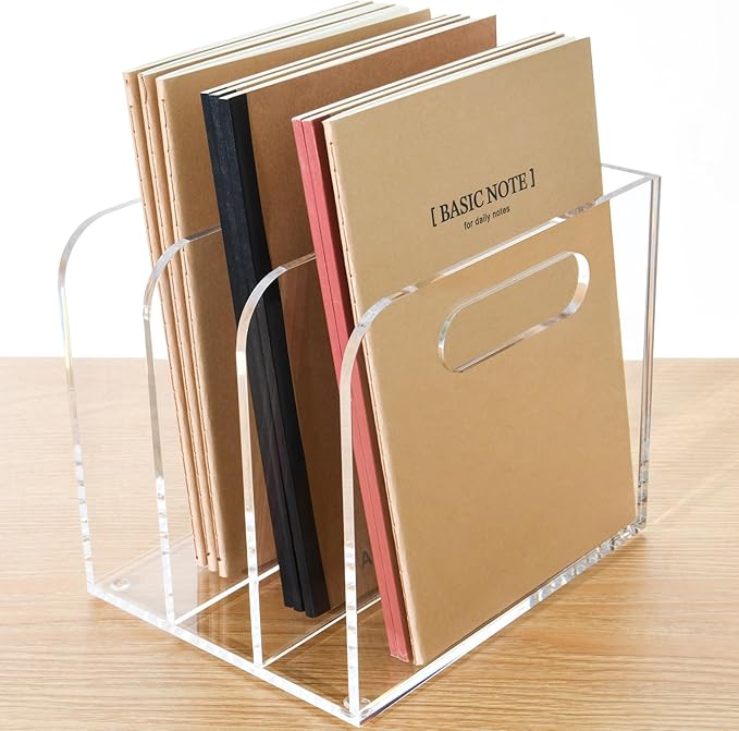 3 Vertical Compartments Clear Acrylic Desk Document Organizer & Storage Bins for Magazines, Binders, Notebooks, and Envelopes - Multipurpose Home Office Organizer - Innovative handle design