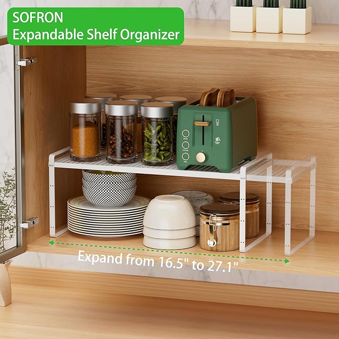 Expandable Cabinet Storage Shelf Stackable Organizer Rack for Kitchen Bathroom Pantry Spice Cupboard Coffee Countertop Home Office Desk Heavy Duty Nonslip White Large 1 Pack