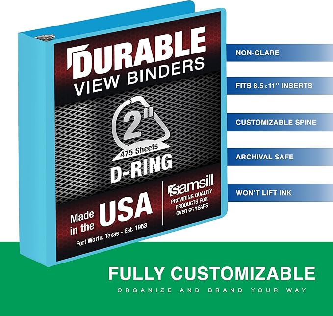 Samsill Durable 2 Inch Binder, Made in The USA, D Ring Binder, Customizable Clear View Cover, Sky Blue, Holds 475 Pages