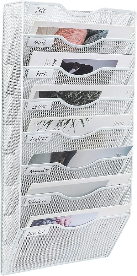 PAG Hanging Wall File Holder Organizer Mail Sorter Literature Rack for Office, 8 Pockets, White
