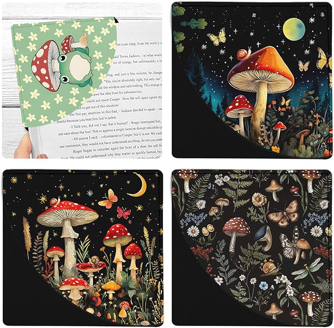 4PC Mushroom Corner Bookmarks, Fun Leather Bookmark Set, Book Accessories for Reading Book Lovers, Cute Page Markers for Women Girls Kids Student Teacher Office Stationery Boho Style
