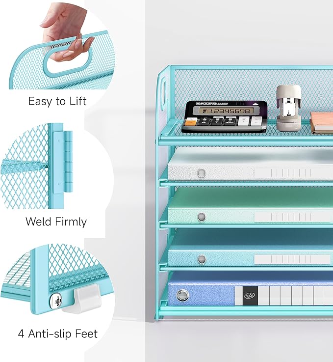 Lavatino Desk Letter Tray Paper Organizer for Desk 5-Tier with Handle Mesh Desktop File Organizer Paper Holder for Classroom Office Accessories - Blue