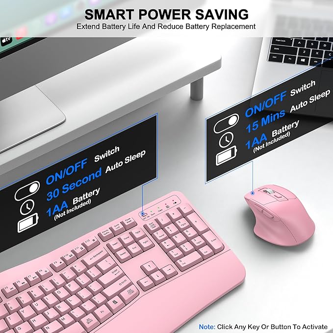 Wireless Keyboard and Mouse Combo, 2.4G Full Size Wave Keys Ergonomic Keyboard with Wrist Rest and 3-Level DPI Adjustable Wireless Ergonomic Mouse for Windows, Mac OS Desktop/Laptop/PC(Pink)