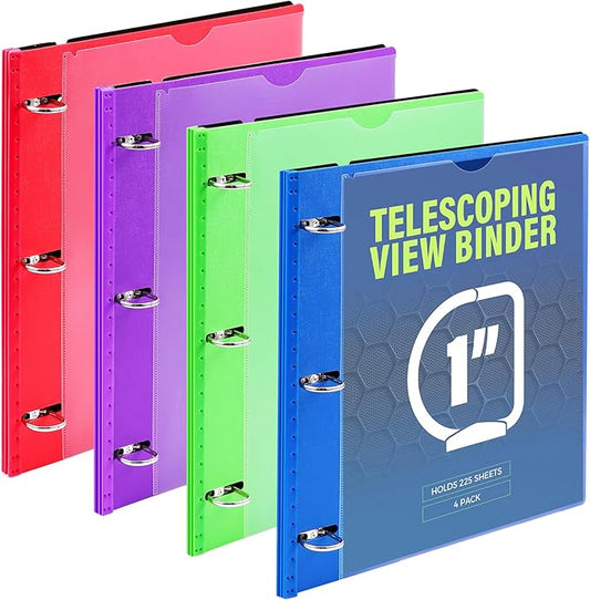 WOT I 1 Inch Telescoping 3 Ring Binder 4 Pack, Expandable Flexible Binder with Customizable Front Cover & Clear Catalog Pocket, Holds 225 Sheets, Assorted Colors, School Office Supplies